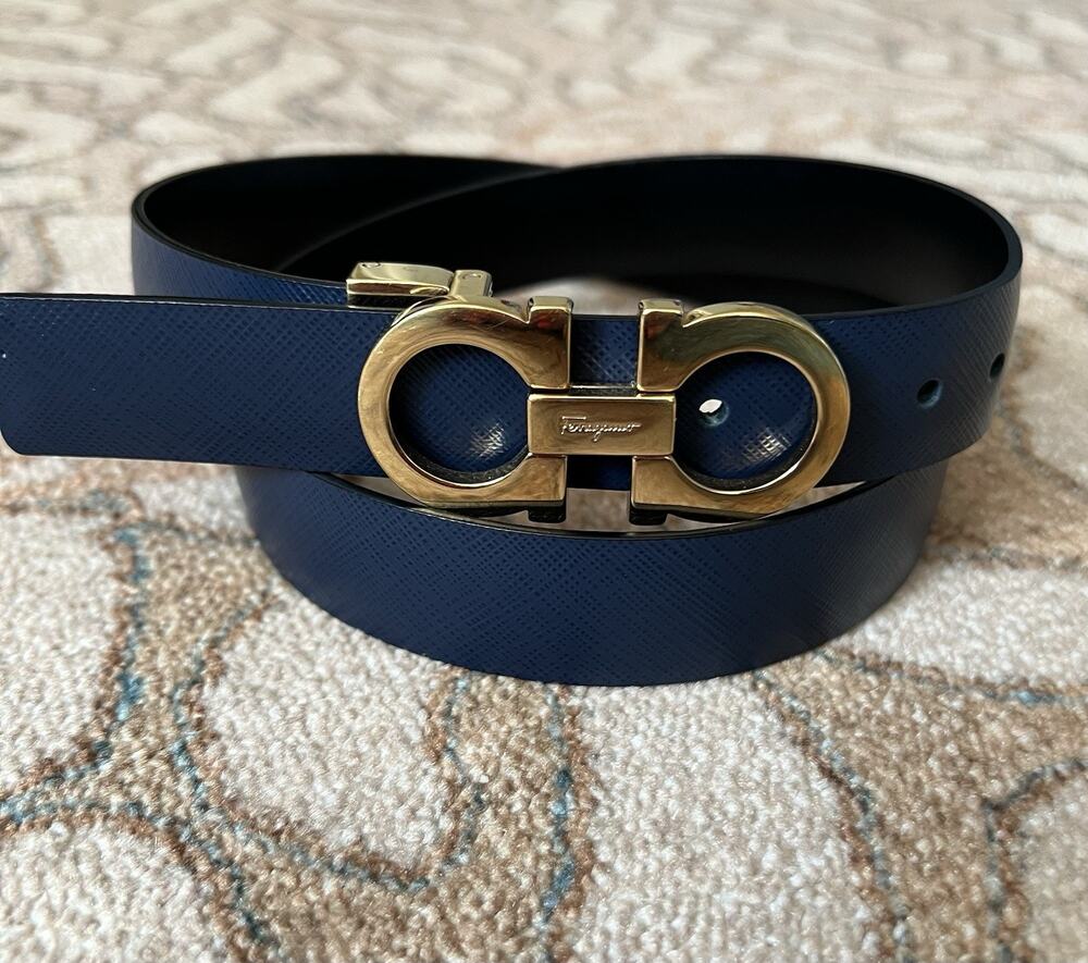 FERRAGAMO Men's Authentic Double Gancini Reversible Blk Navy Leather Belt 31-32"
